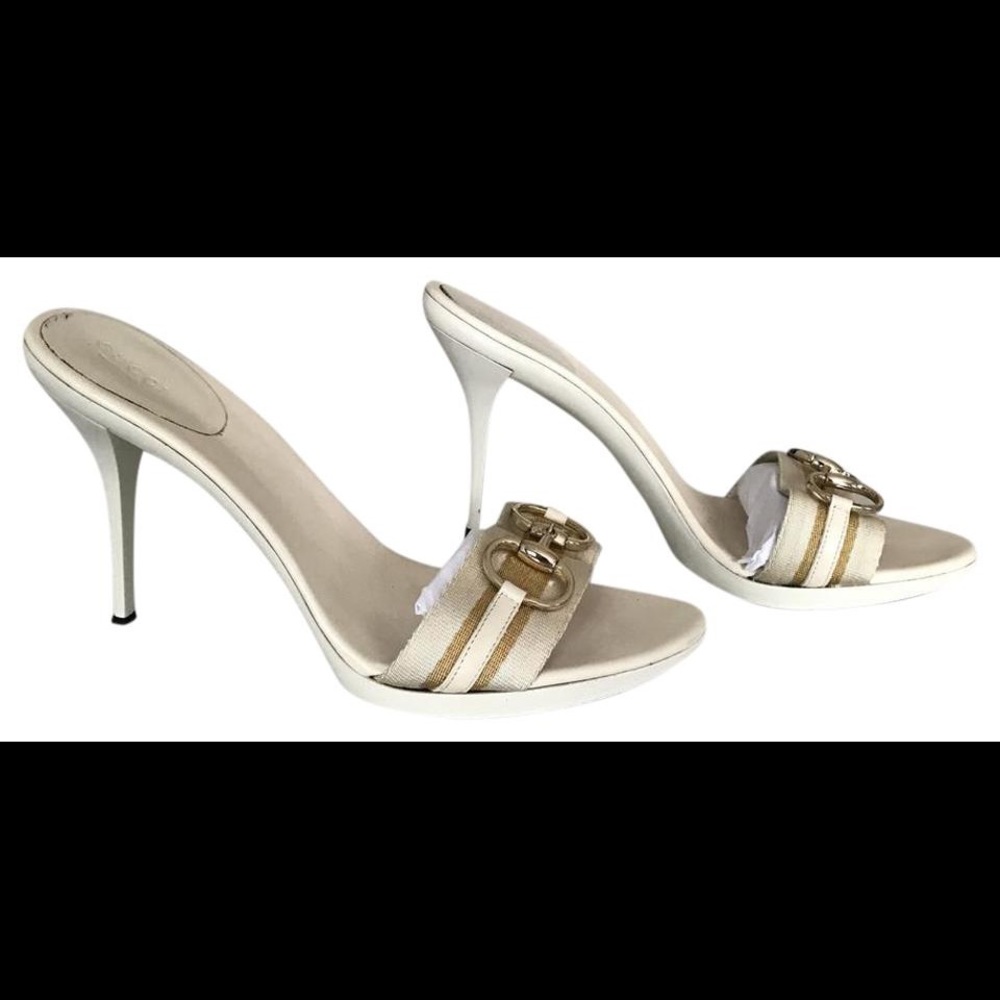 Gucci Cream Gold Horsebit Stripe Mules/Slides